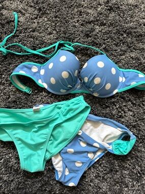Old Navy Blue, Teal & White Polka Dot Bikini- Size Medium